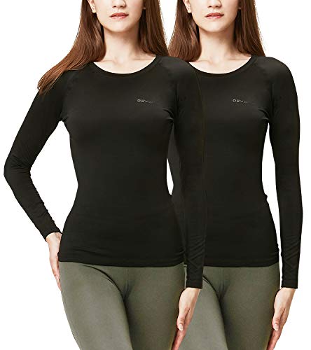 DEVOPS Women's 2 Pack Thermal Long Sleeve Shirts Compression Baselayer Tops (Large, Black/Black)