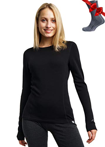 Merino.tech Merino Wool Base Layer Women - 100% Merino Wool Heavyweight, Midweight, Lite Long Sleeve Thermal Shirt and Socks (Large, Black 250)