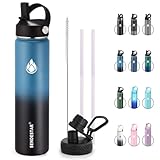 SENDESTAR Insulated Water Bottle 24 oz, Double Wall Vacuum Leak Proof Stainless Steel Sports Water Bottle&mdash;Wide Mouth with New Flex Straw Lid & Spout Lid (Deep Blue&Black)