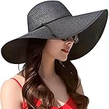 Lanzom Womens Wide Brim Straw Hat Big Floppy Foldable Roll up Cap Beach Sun Hat UPF 50+(Twine-Black)