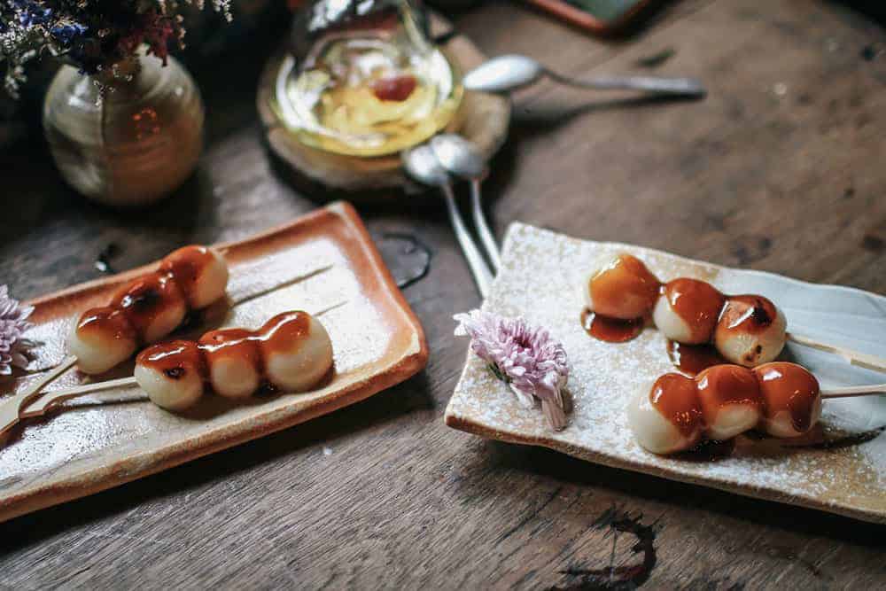 mitarashi dango on skewers