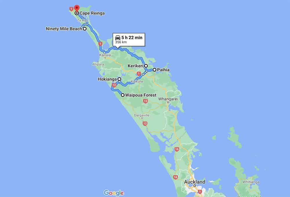 Northland map of this itinerary plus Bay of Islands